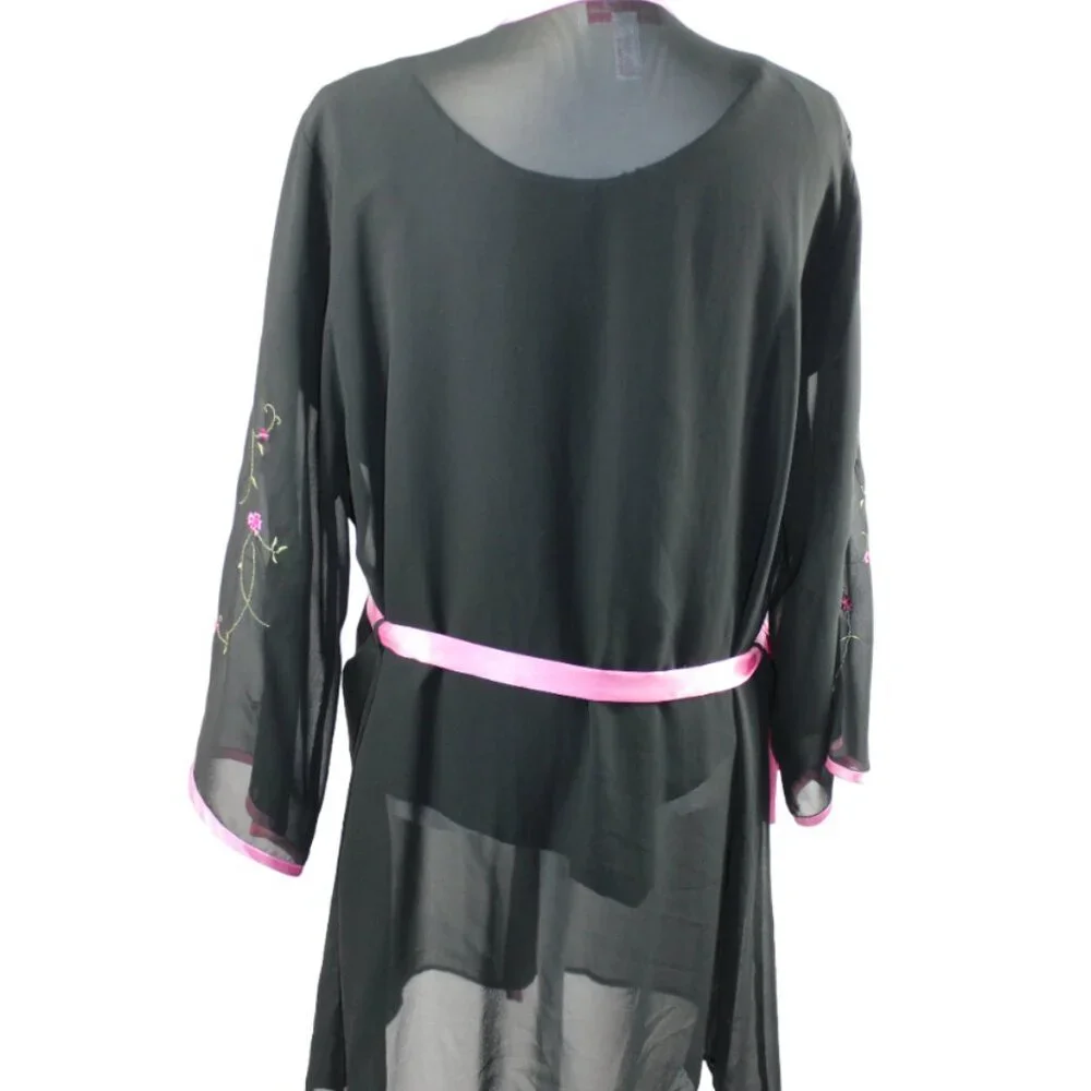 Oscar de la Renta Pink Label Black Sheer Pink Floral Accent Kimono Robe